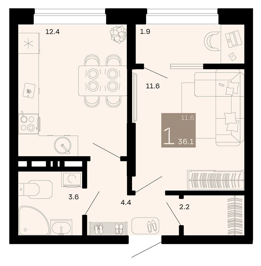 1к. квартира, 36.1 м²