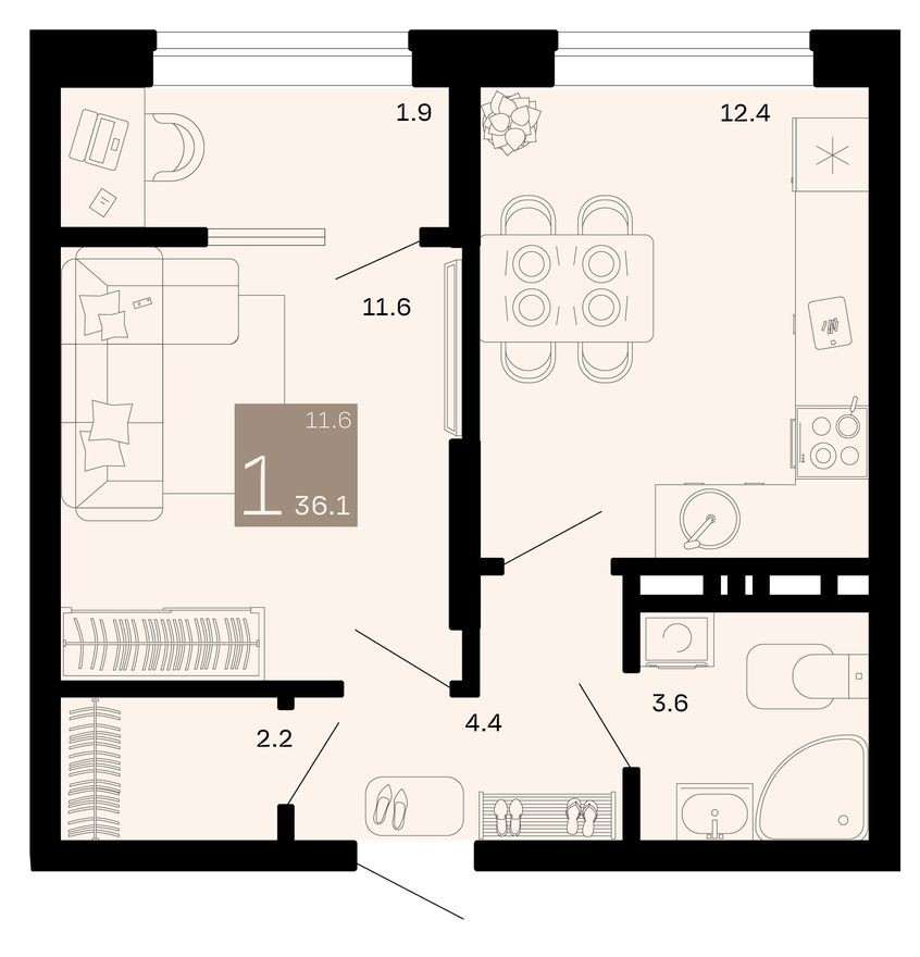 1к. квартира, 36.1 м²