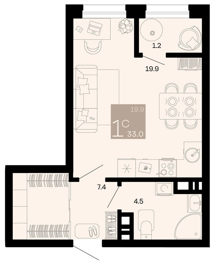 Студия-квартира, 33.0 м²