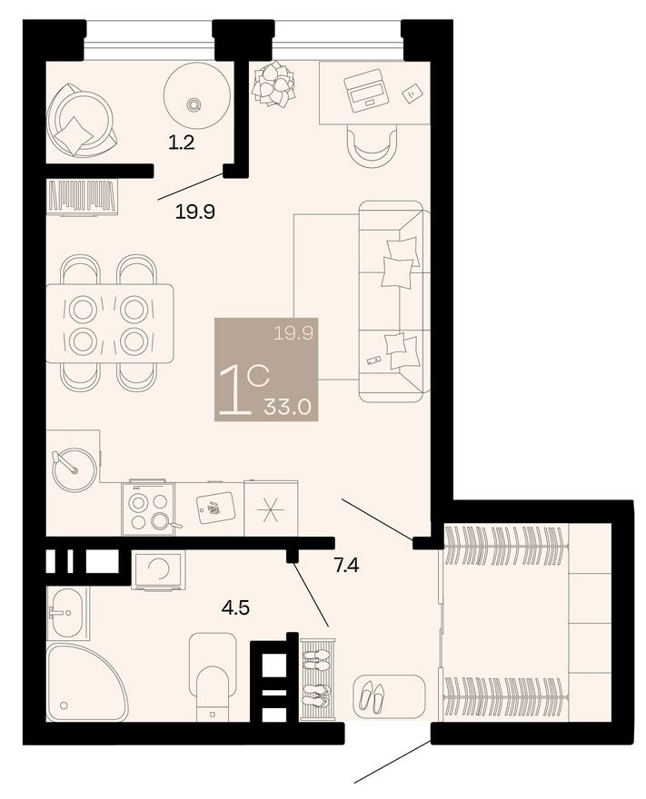 Студия-квартира, 33.0 м²