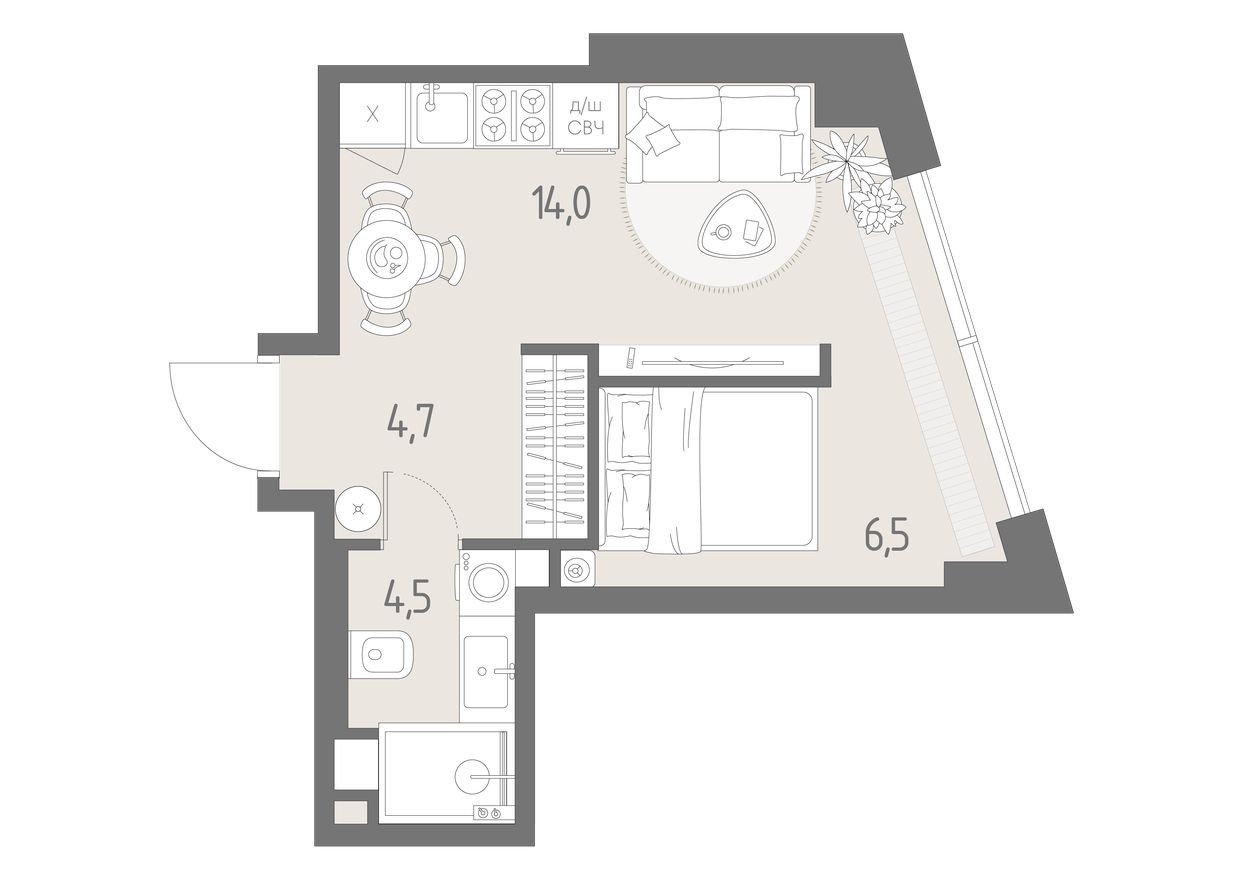 Студия-квартира, 29.7 м²