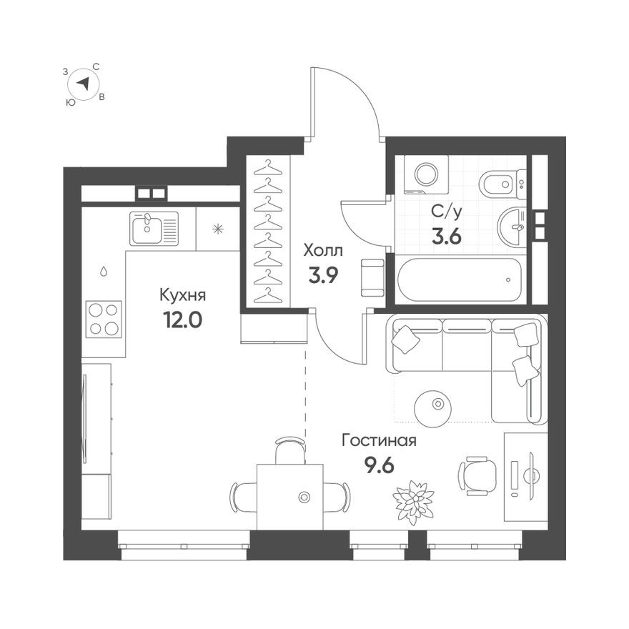 Студия-квартира, 28.9 м²