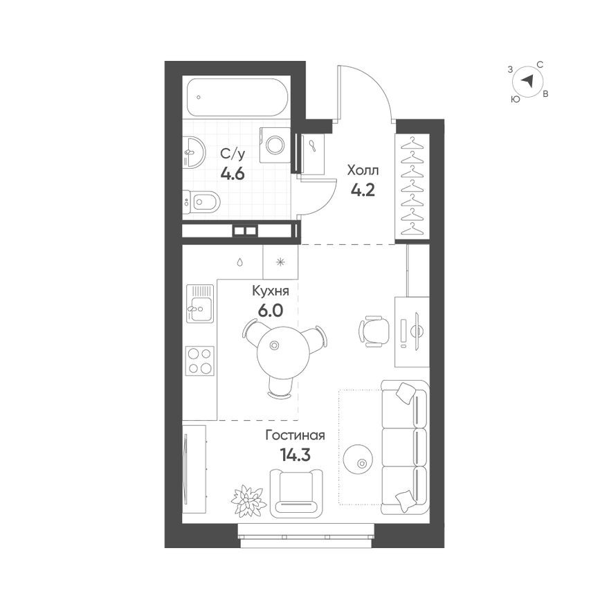 Студия-квартира, 28.6 м²