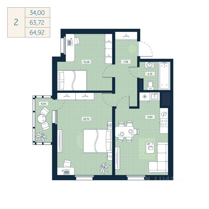 2к. квартира, 63.7 м²