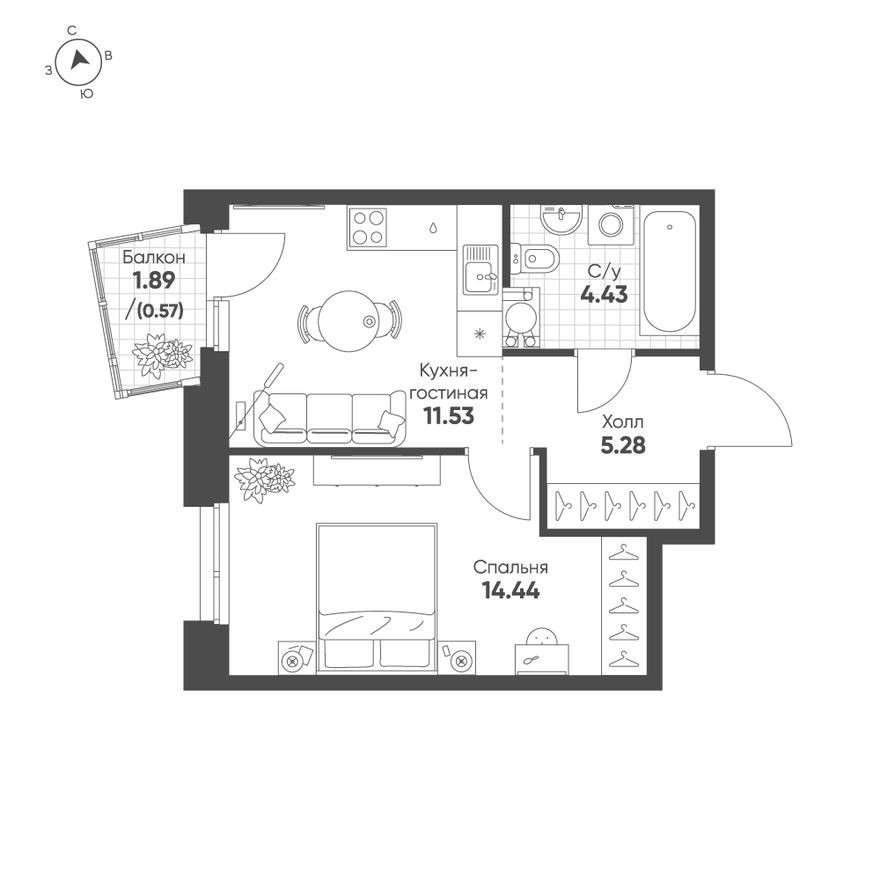 1к. квартира, 36.3 м²