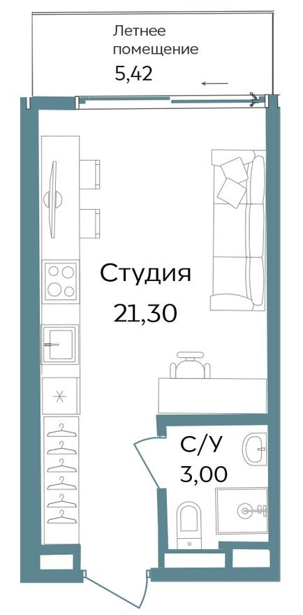 Студия-апартаменты, 29.7 м²