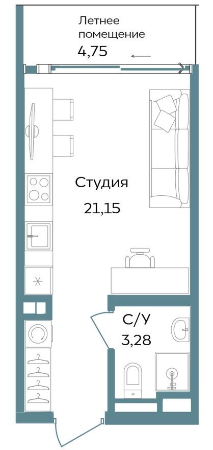 Студия-апартаменты, 29.2 м²