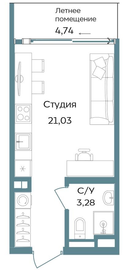1к. апартаменты, 29.1 м²
