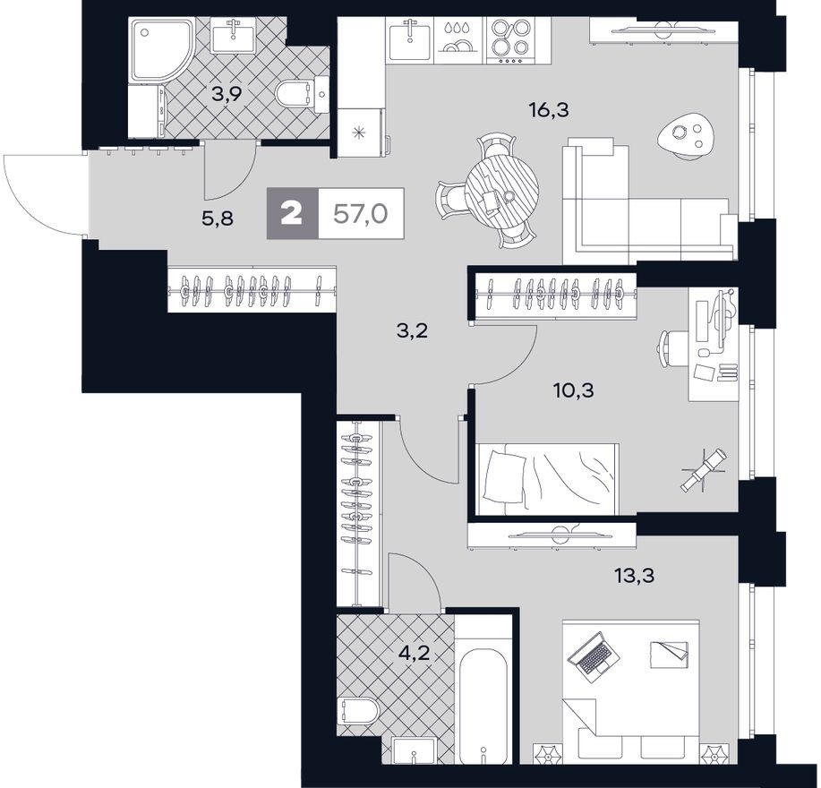 2к. квартира, 57.0 м²