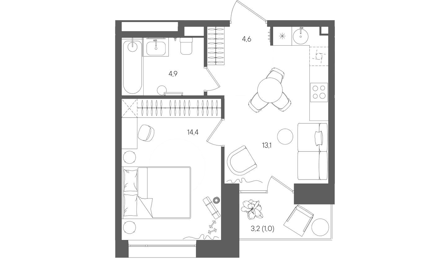 1к. квартира, 38.0 м²