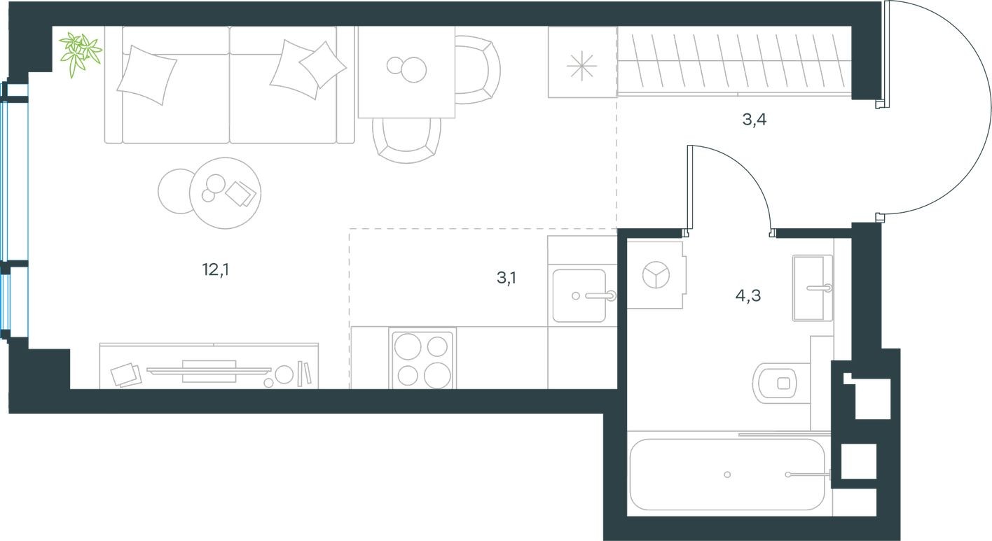 Студия-квартира, 22.9 м²