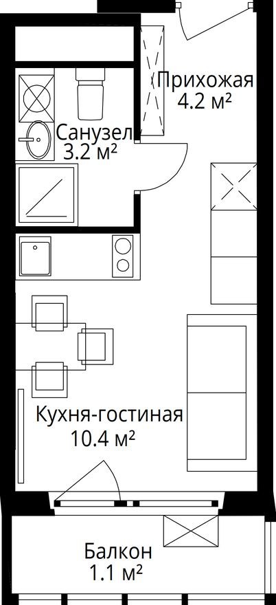 Студия-квартира, 18.9 м²