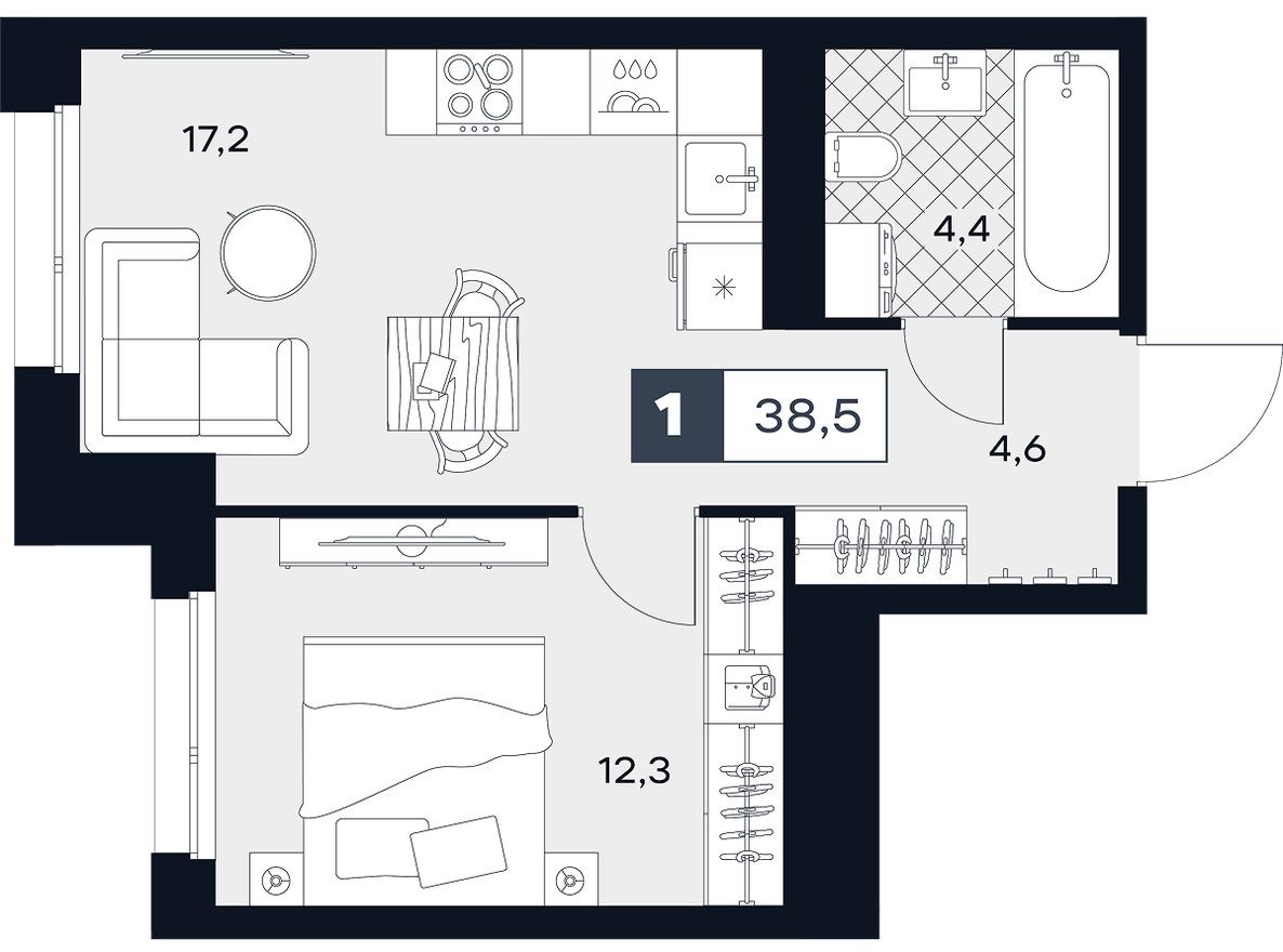 1к. квартира, 38.5 м²