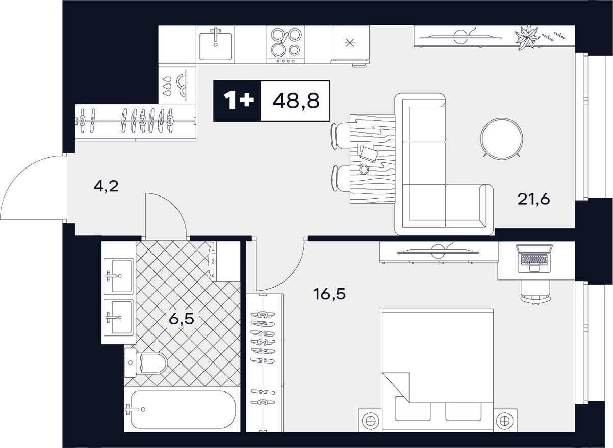 1к. квартира, 48.8 м²