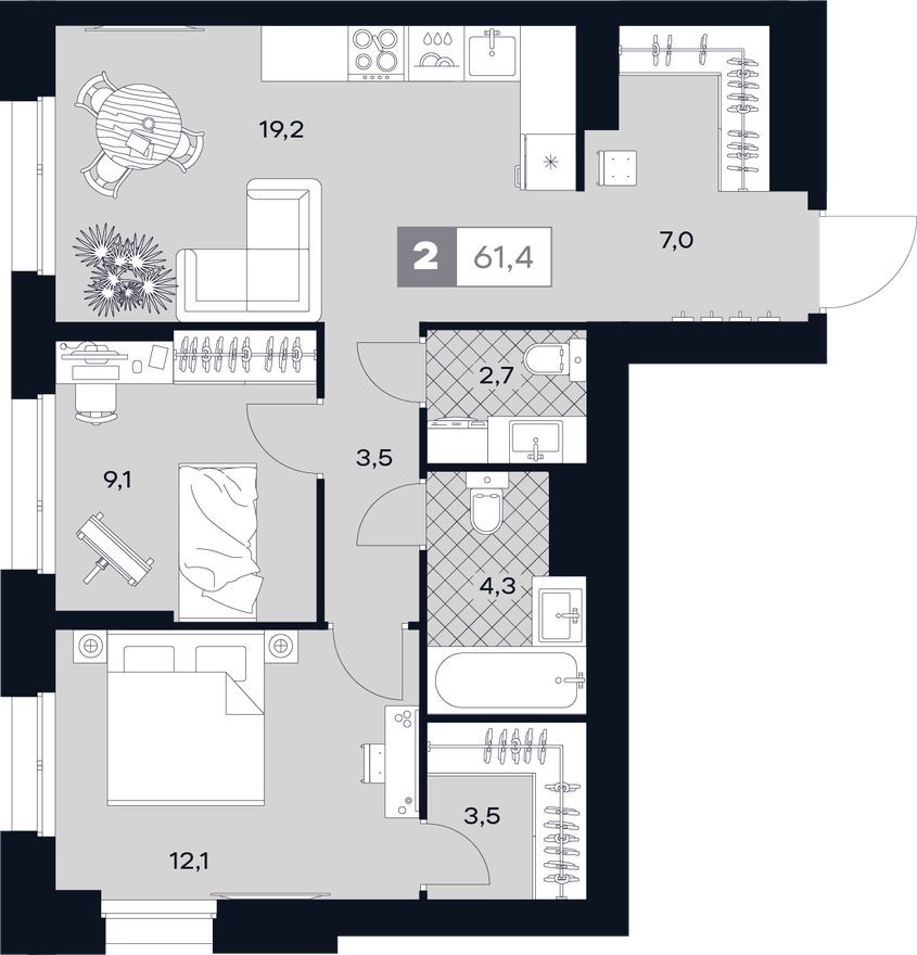 2к. квартира, 61.4 м²