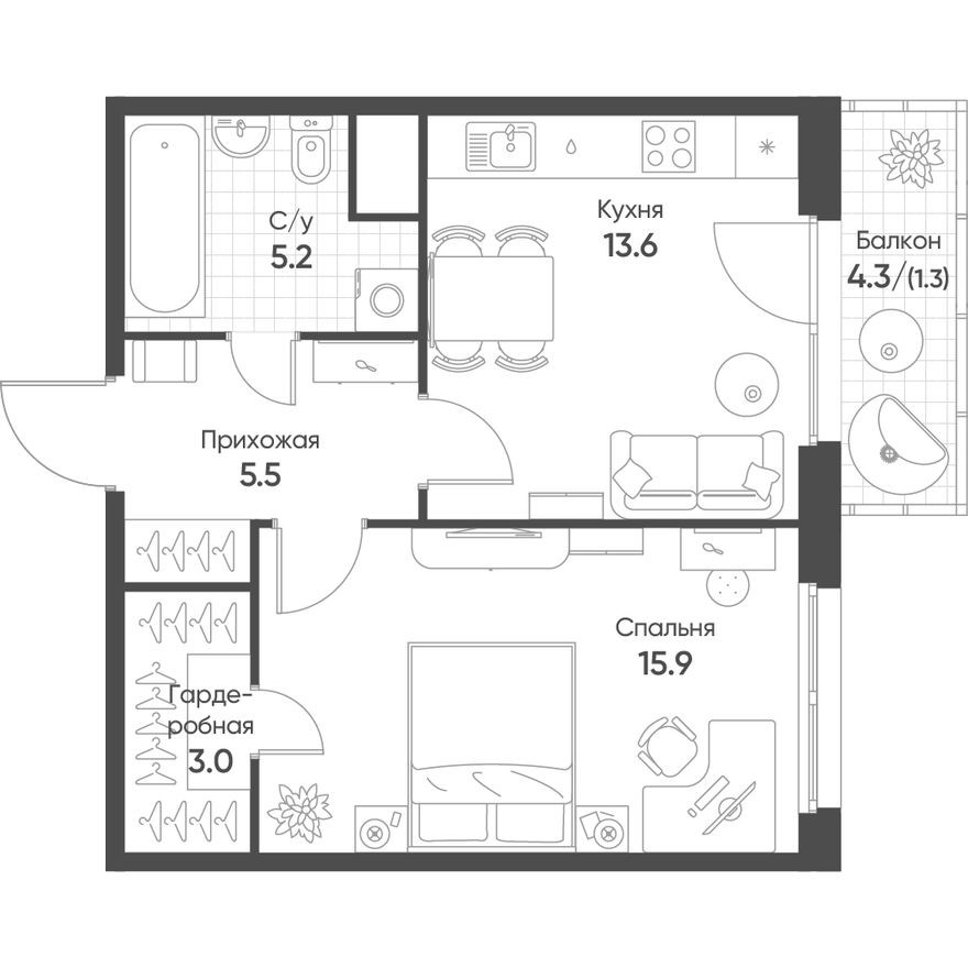 1к. квартира, 44.5 м²
