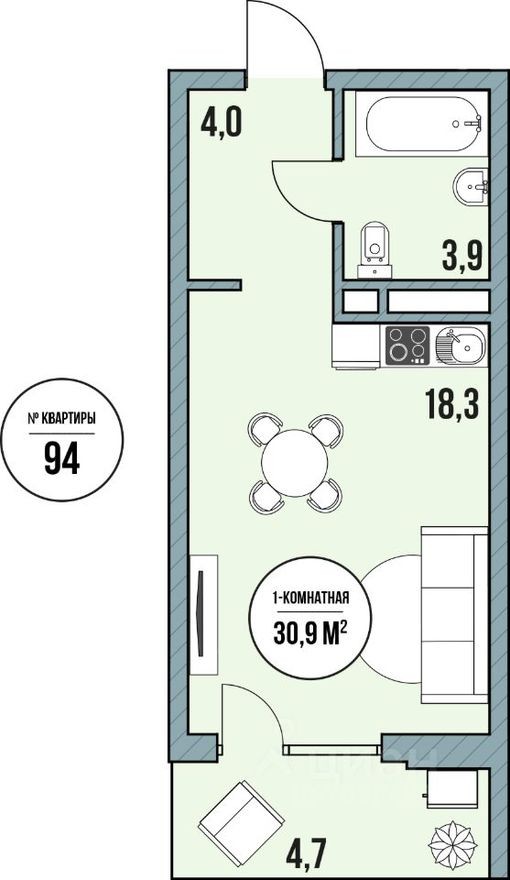 Студия-апартаменты, 27.6 м²
