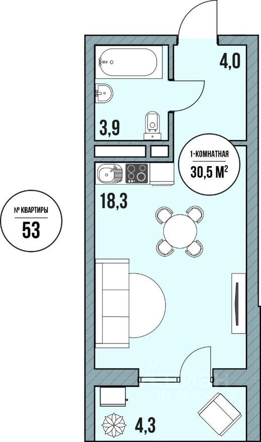 Студия-апартаменты, 27.5 м²