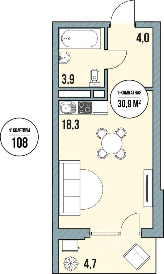 Студия-апартаменты, 27.6 м²