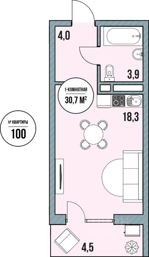 Студия-апартаменты, 27.6 м²