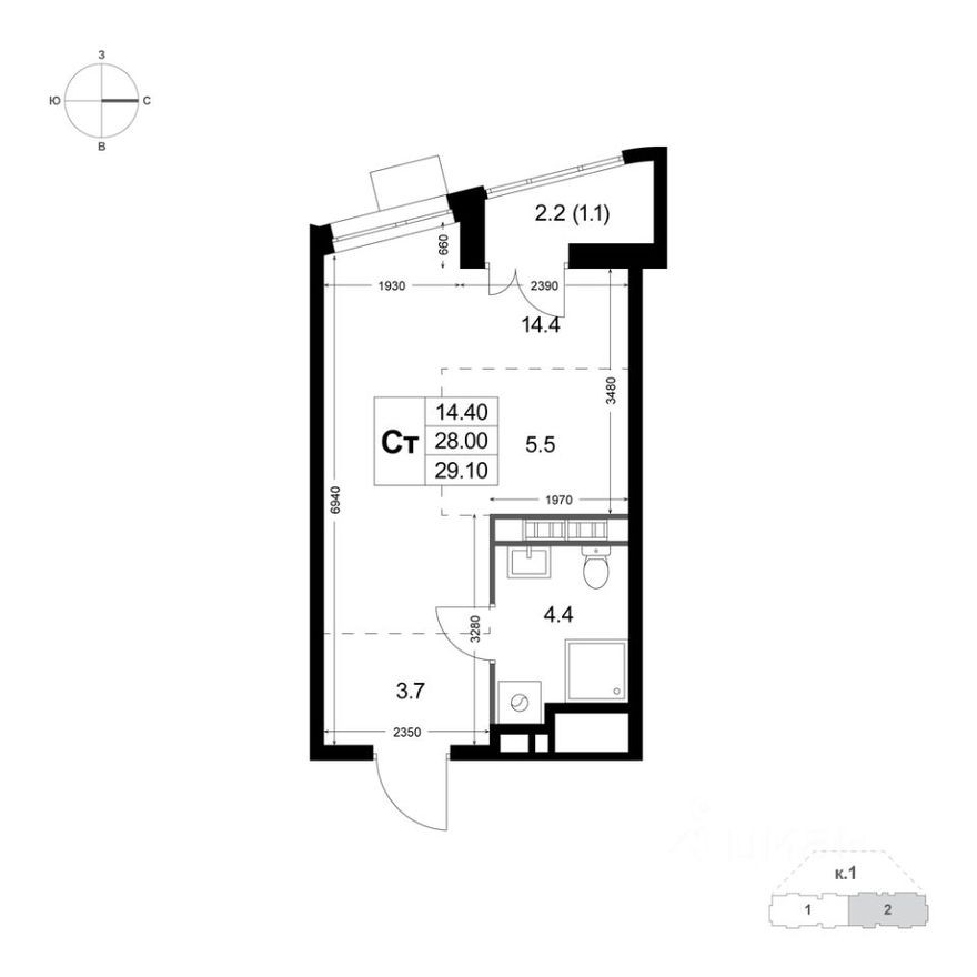 1к. квартира, 29.1 м²
