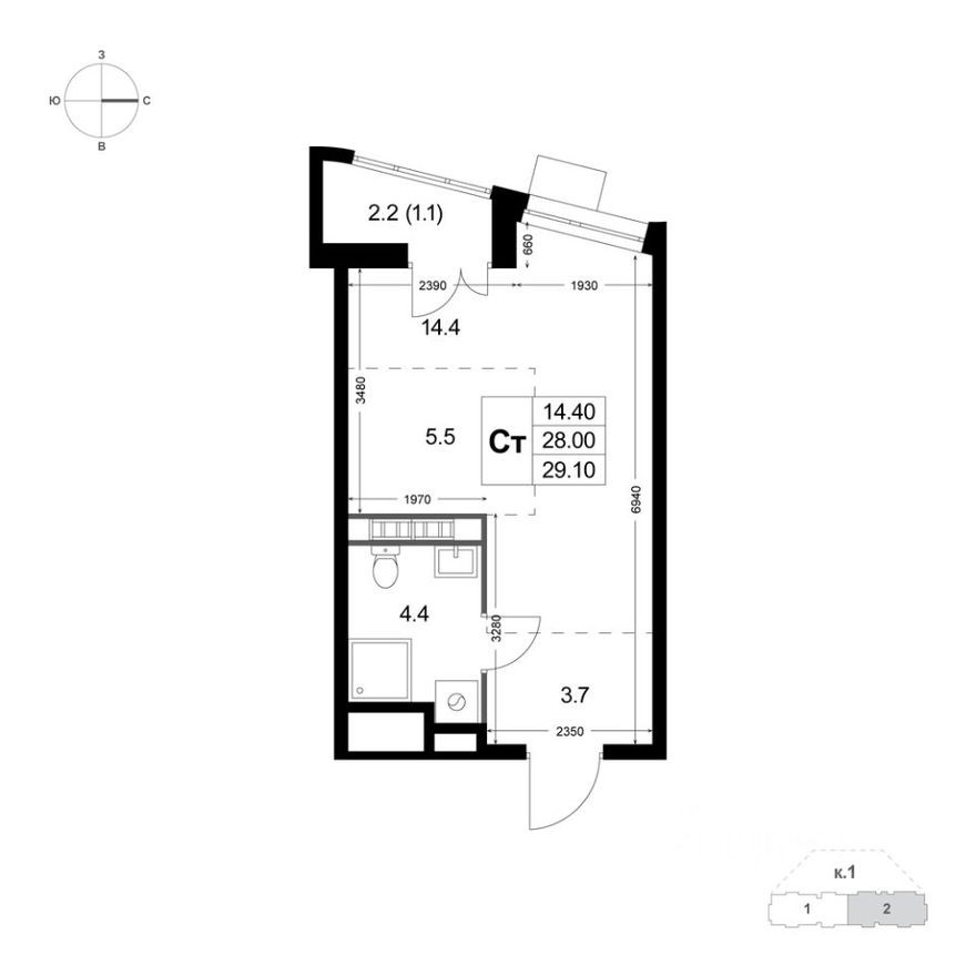 1к. квартира, 29.1 м²
