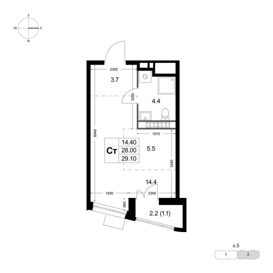 1к. квартира, 29.1 м²