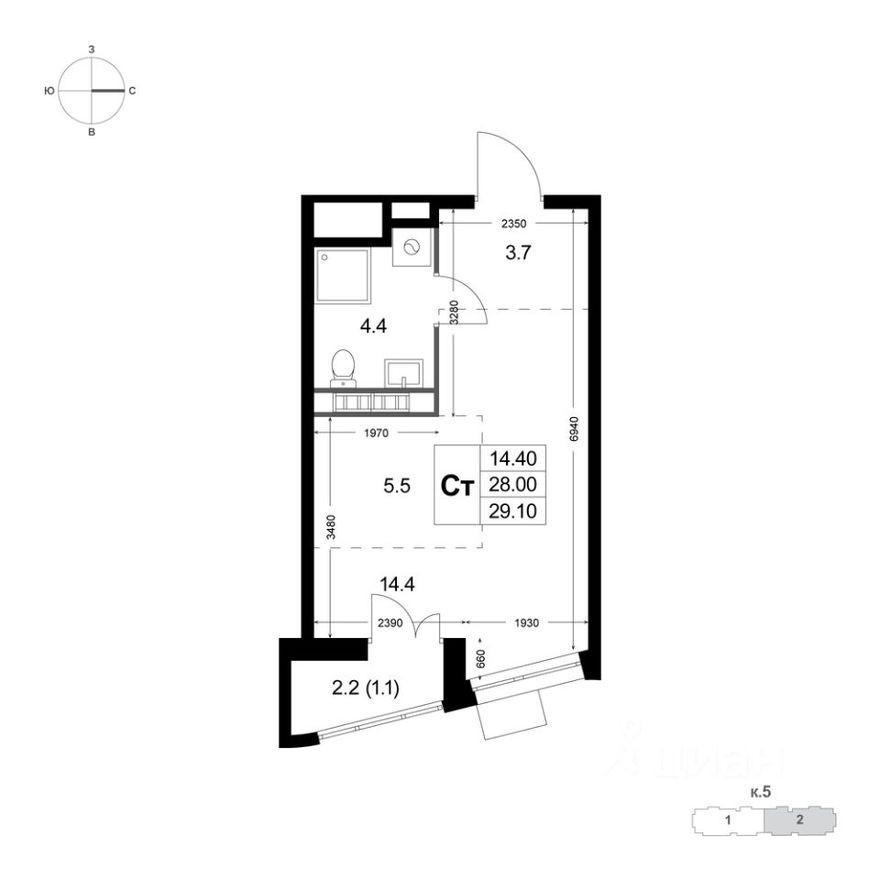 1к. квартира, 29.1 м²