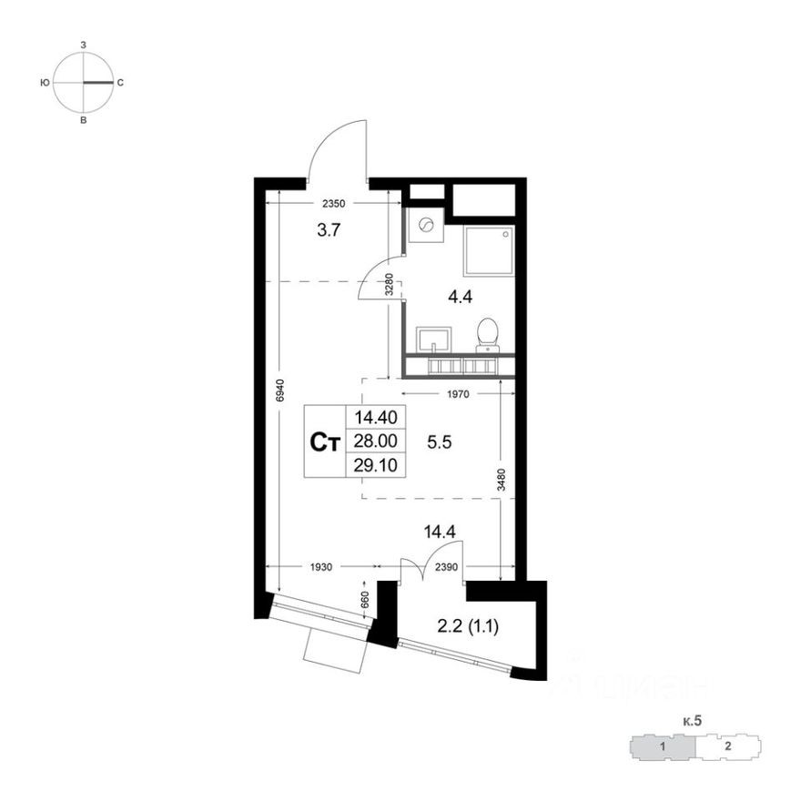 1к. квартира, 29.1 м²