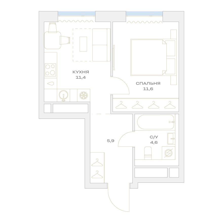 1к. квартира, 33.5 м²
