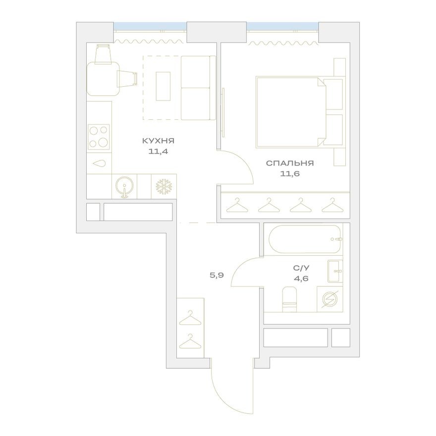 1к. квартира, 33.5 м²