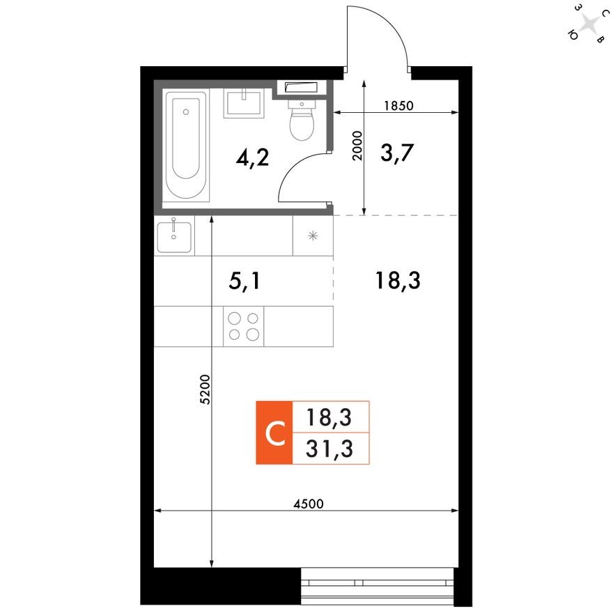 Студия-квартира, 31.4 м²
