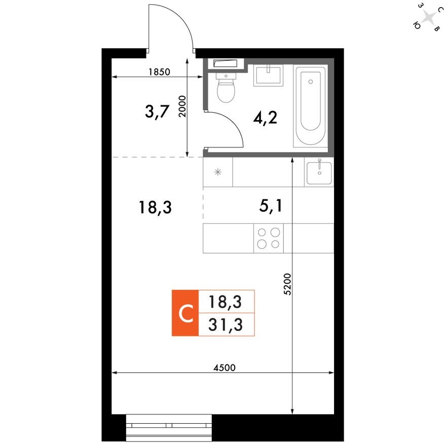 Студия-квартира, 31.4 м²