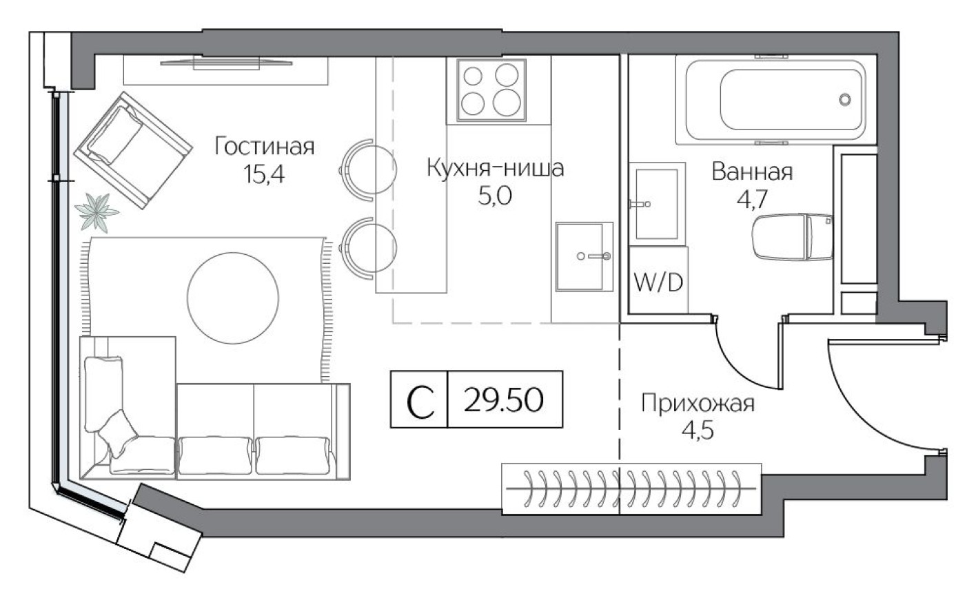Студия-квартира, 29.0 м²
