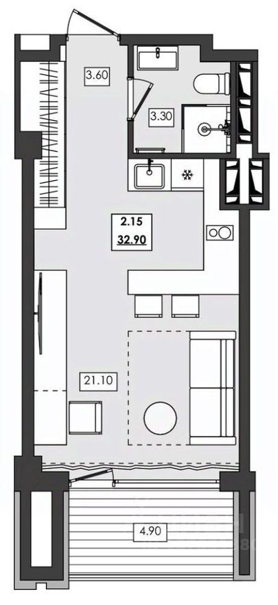 1к. апартаменты, 32.9 м²
