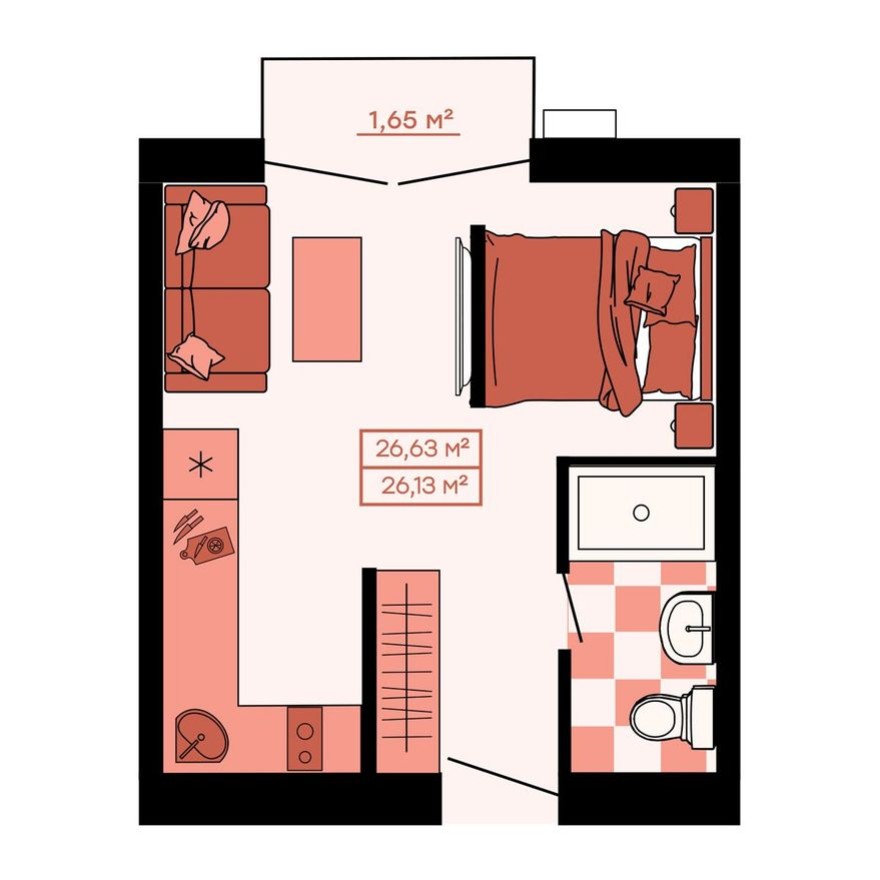 1к. квартира, 26.6 м²