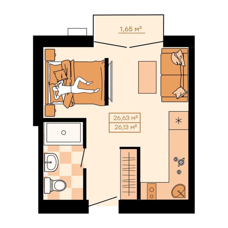 1к. квартира, 26.6 м²