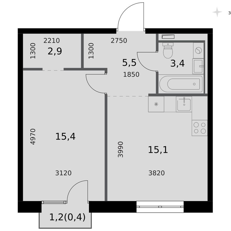 1к. квартира, 42.7 м²