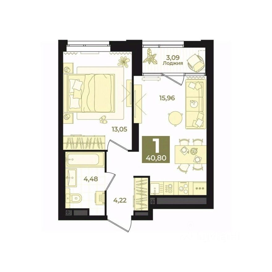 1к. квартира, 40.8 м²