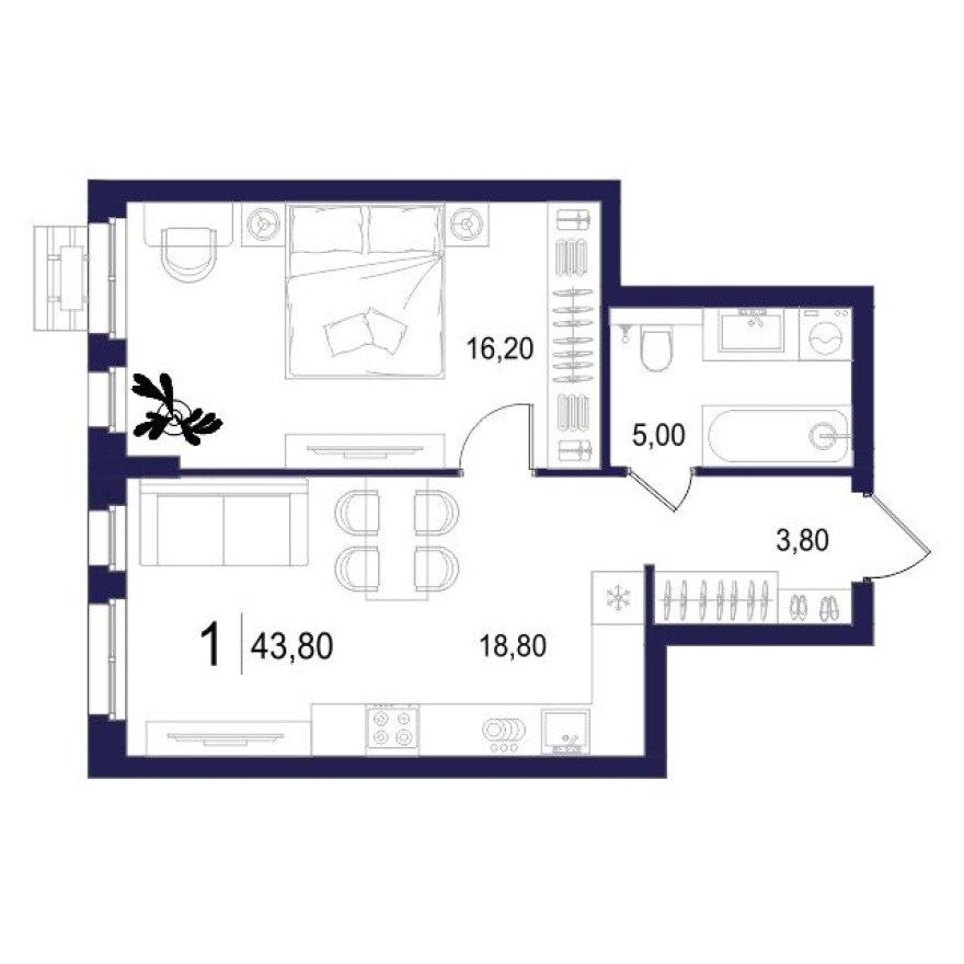 1к. квартира, 43.8 м²