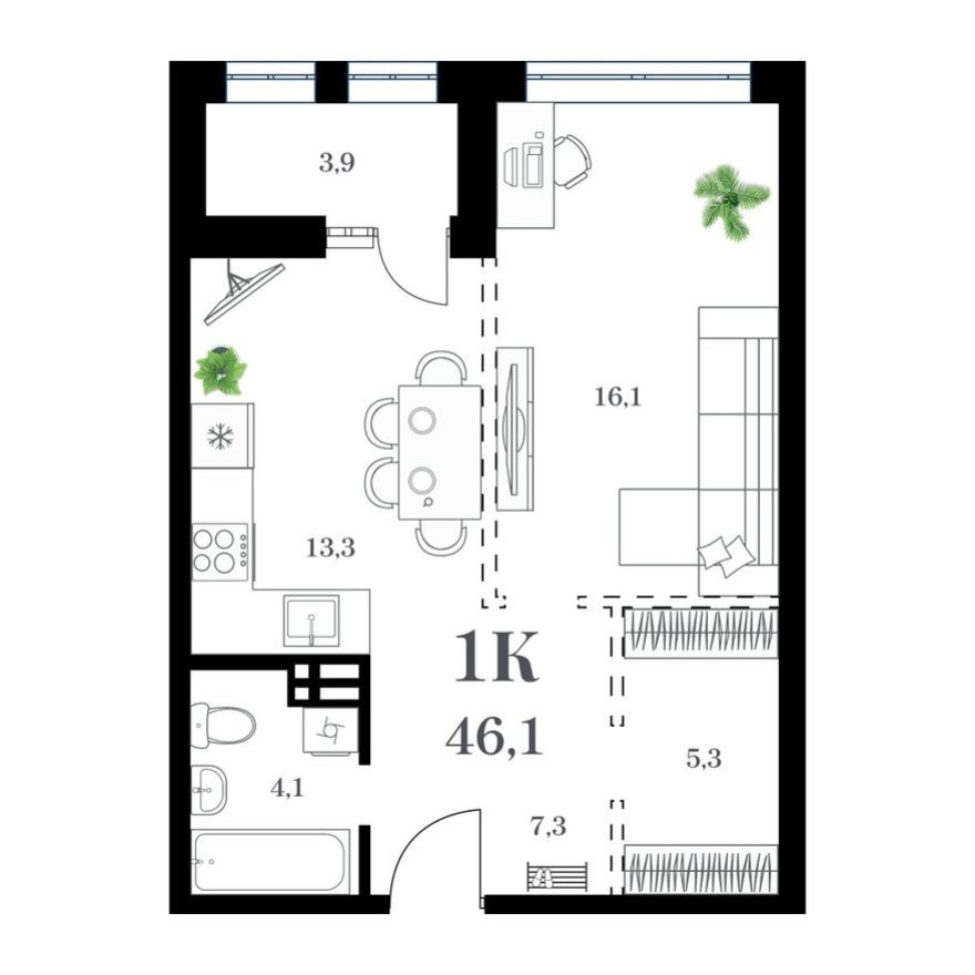 1к. квартира, 48.6 м²