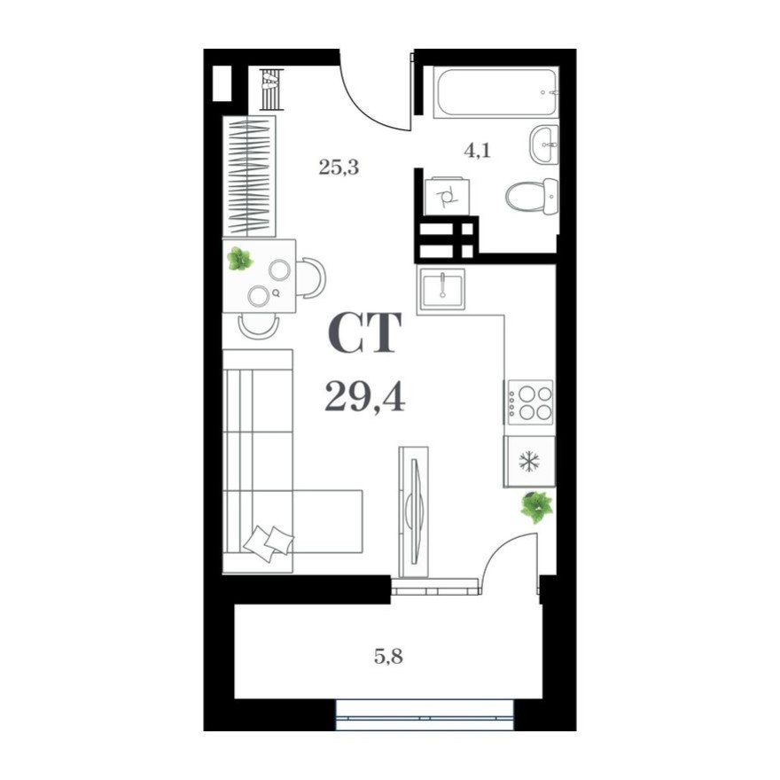 1к. квартира, 32.5 м²