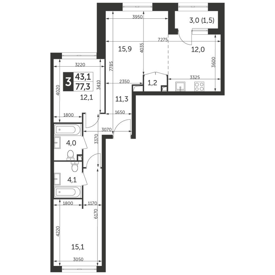 3е квартира, 77.3 м²