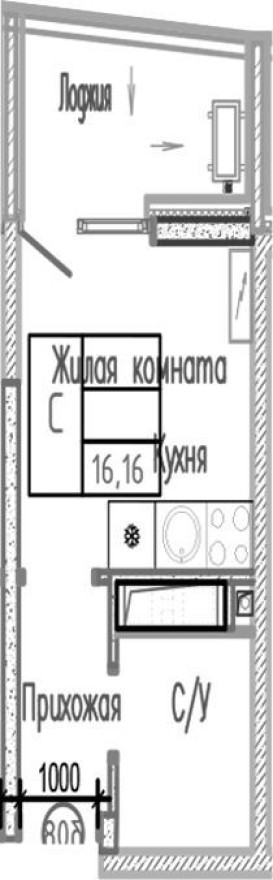 1к. квартира, 16.2 м²