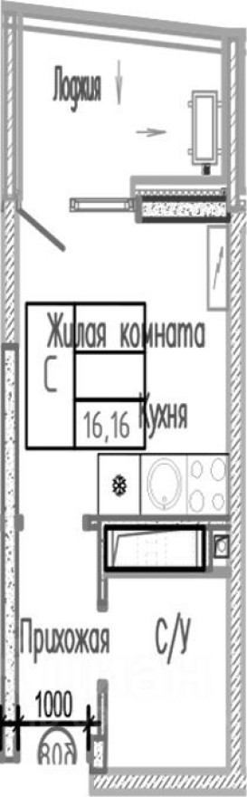 1к. квартира, 16.2 м²