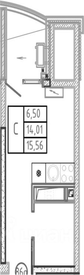1к. квартира, 15.6 м²