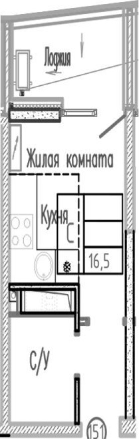 1к. квартира, 16.5 м²