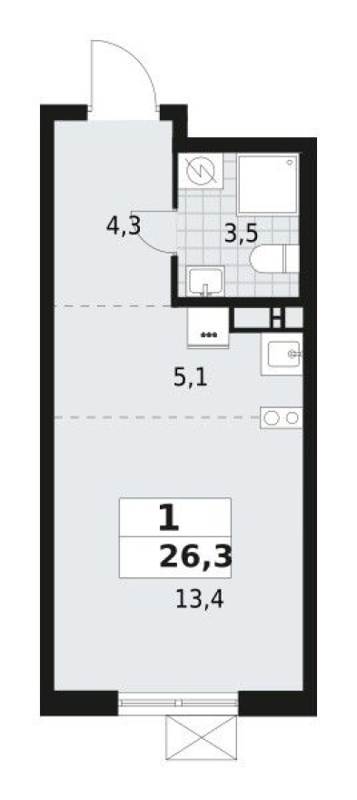 Студия-квартира, 26.3 м²