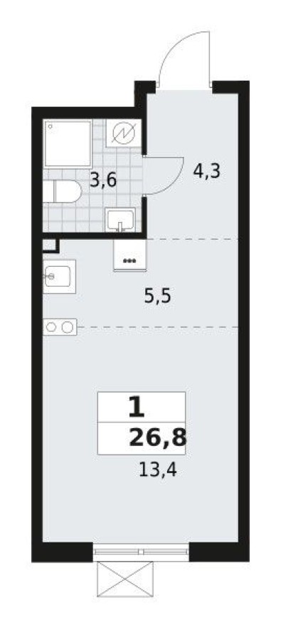Студия-квартира, 26.8 м²