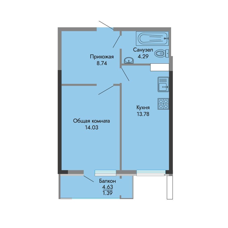 1к. квартира, 42.2 м²